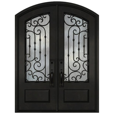 Black iron double front entry door with full glass panels, modern exterior straight-on view