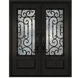 Black iron double front entry door with glass panels, modern straight-on exterior view