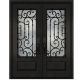 Black iron double front entry door with glass panels, modern straight-on exterior view