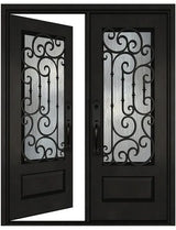 Black iron double entry door in left-hand inswing configuration with full glass panels and steel frame