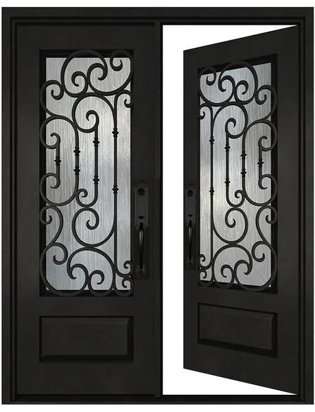Black iron double front door in right-hand inswing orientation with glass panels, exterior perspective