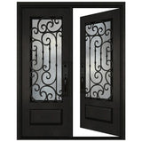 Black iron double front door in right-hand inswing orientation with glass panels, exterior perspective