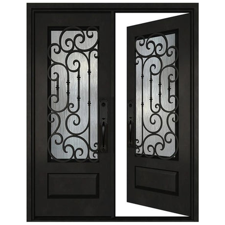 Black iron double front door in right-hand inswing orientation with glass panels, exterior perspective