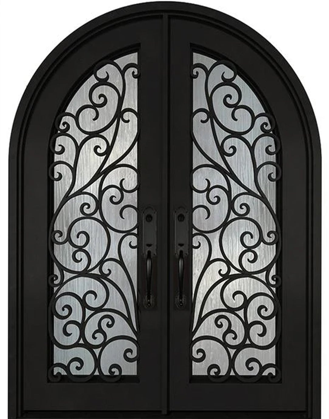 Black iron double front entry door with glass panels, modern exterior straight-on view