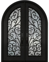 Black iron double front entry door with glass panels, modern exterior straight-on view