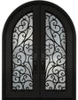 Black iron double front entry door with glass panels, modern exterior straight-on view