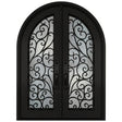 Black iron double front entry door with glass panels, modern exterior straight-on view