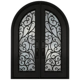 Black iron double front entry door with glass panels, modern exterior straight-on view