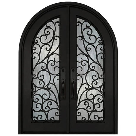 Black iron double front entry door with glass panels, modern exterior straight-on view