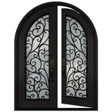 Black iron double front door in right-hand inswing orientation with glass panels, exterior perspective