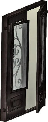 Iron double front door with operable glass panel open for airflow, showing functional venting glass feature