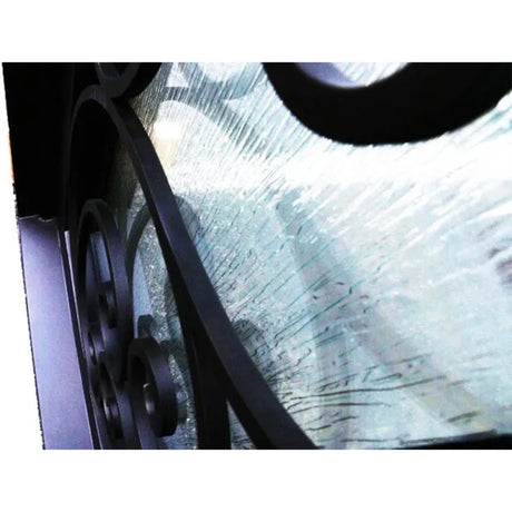 Detailed close-up of rain glass panel on black iron double door showing textured privacy glass design
