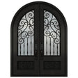 Black iron double front entry door with large glass panels, modern exterior straight-on view