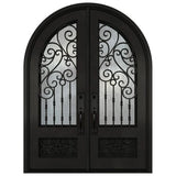 Black iron double front entry door with large glass panels, modern exterior straight-on view