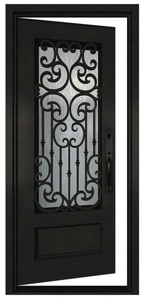 Black iron single front door shown in left-hand inswing configuration with vertical glass panels and modern steel frame