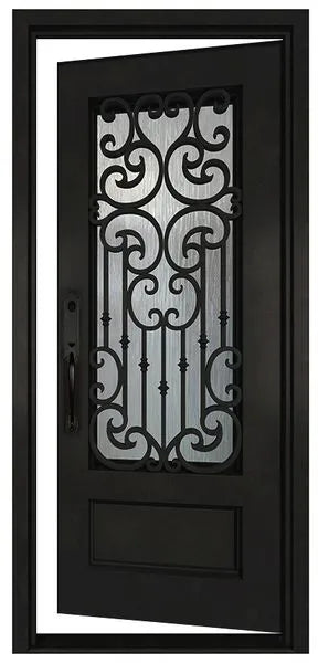 Black iron single entry door shown in right-hand inswing orientation with vertical glass panels, exterior front view