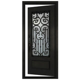 Black iron single entry door shown in right-hand inswing orientation with vertical glass panels, exterior front view