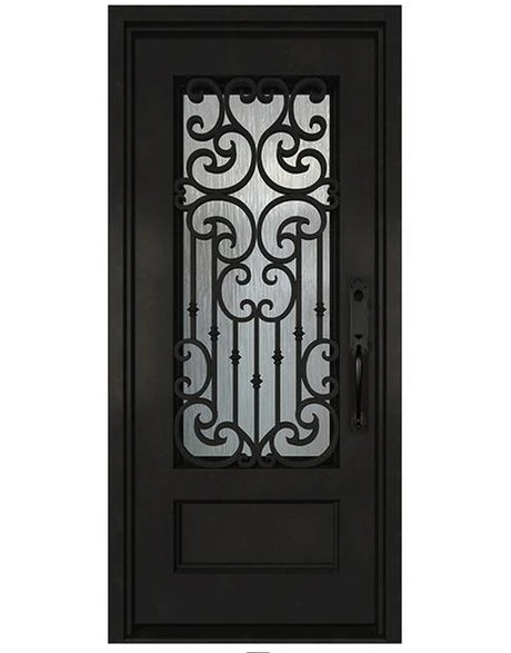 Black iron single front entry door with vertical glass panels, modern steel frame, straight-on view