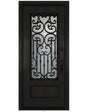 Black iron single front entry door with vertical glass panels, modern steel frame, straight-on view