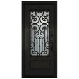 Black iron single front entry door with vertical glass panels, modern steel frame, straight-on view