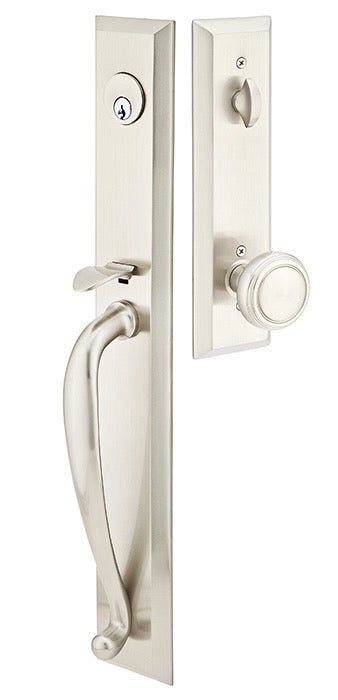 Front entry door handle set with deadbolt and grip handle, exterior hardware, front view