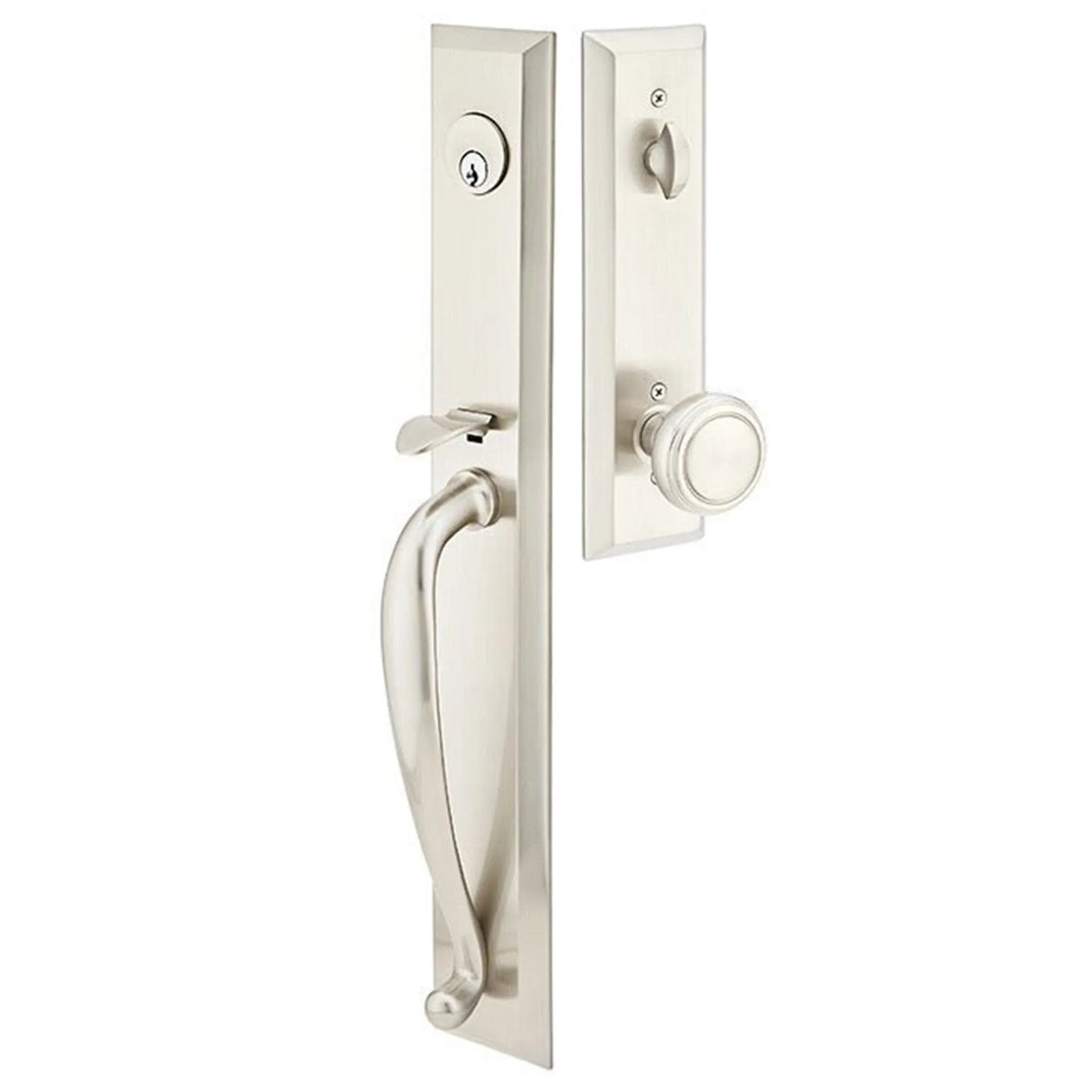 Front entry door handle set with deadbolt and grip handle, exterior hardware, front view