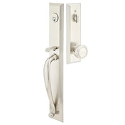 Front entry door handle set with deadbolt and grip handle, exterior hardware, front view