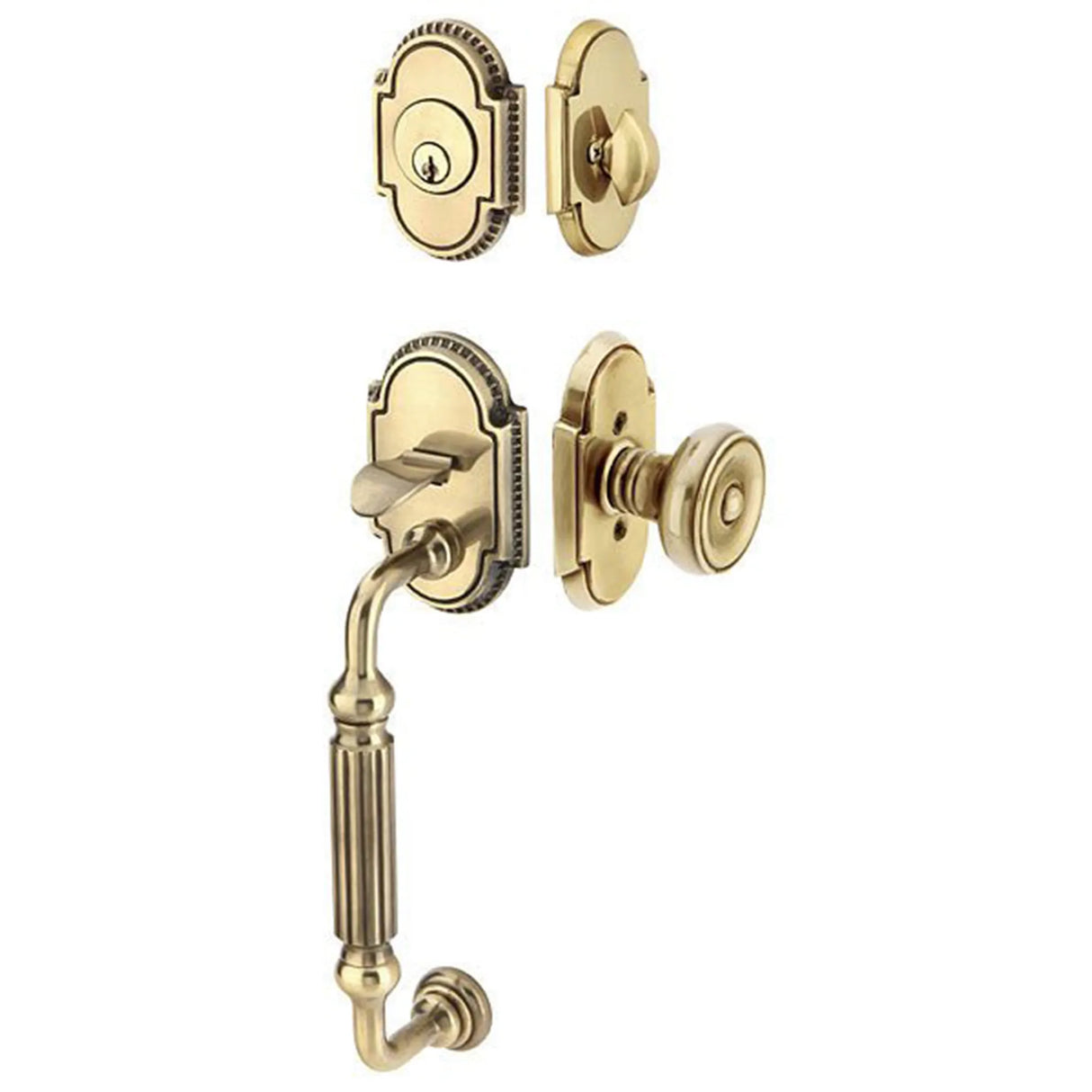 Brass front entry door handle set with deadbolt and grip handle, exterior door hardware, front view