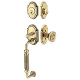 Brass front entry door handle set with deadbolt and grip handle, exterior door hardware, front view