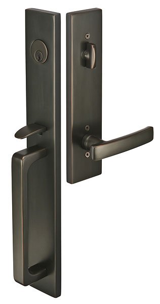Front entry door handle set with deadbolt and grip handle, exterior hardware, front view