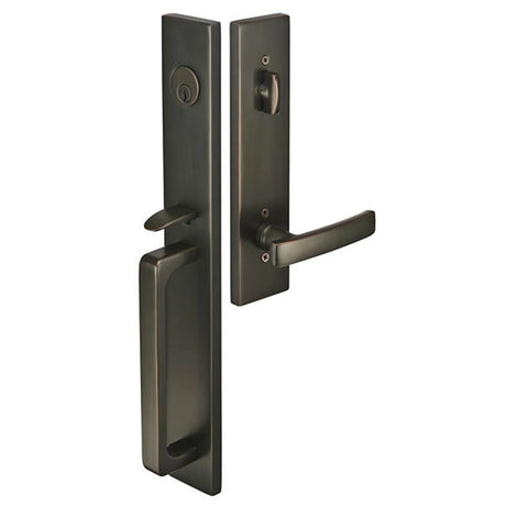 Front entry door handle set with deadbolt and grip handle, exterior hardware, front view