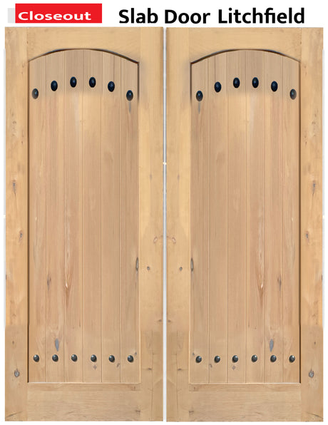 Exterior double solid wood entry doors with classic panel design, front view
