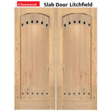 Exterior double solid wood entry doors with classic panel design, front view