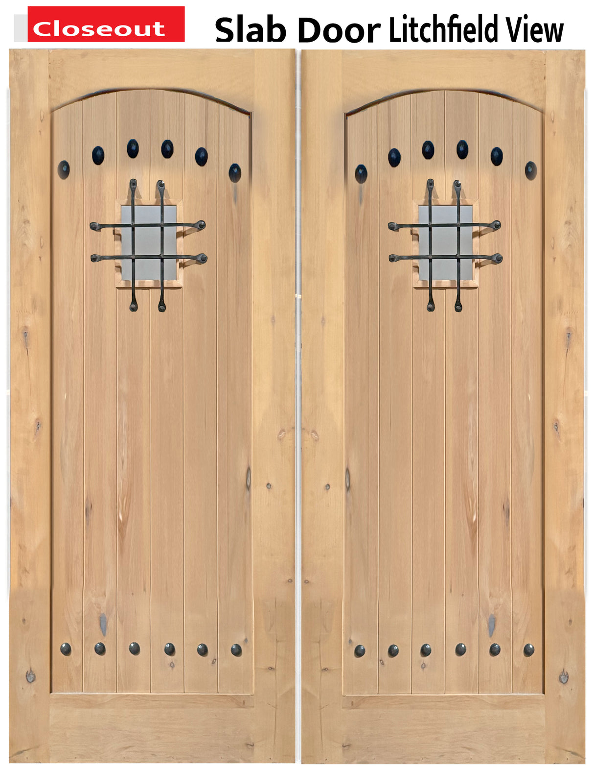 Exterior double solid wood entry doors with classic panel design, front view