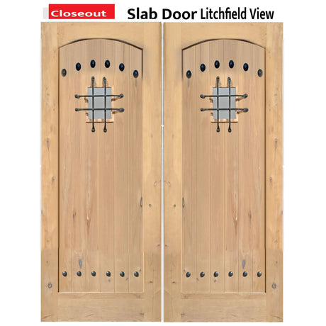 Exterior double solid wood entry doors with classic panel design, front view