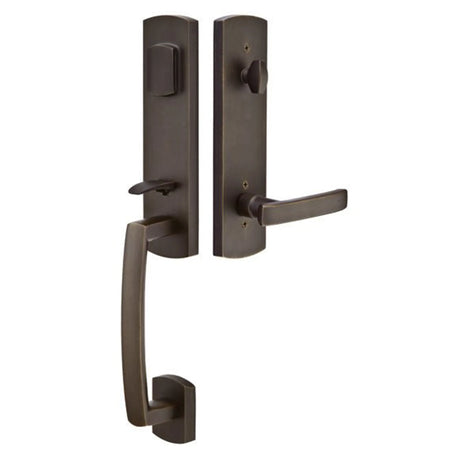 Bronze front entry door handle set with deadbolt and grip handle, exterior door hardware, front view