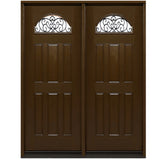 Fiberglass double front entry door with glass panels and wood grain finish, modern exterior straight-on view