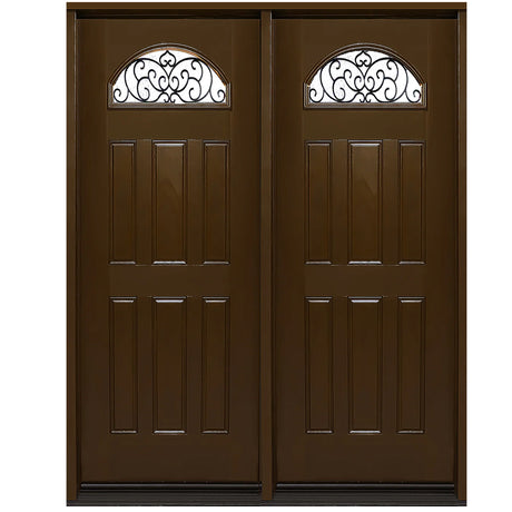 Fiberglass double front entry door with glass panels and wood grain finish, modern exterior straight-on view