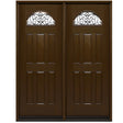 Fiberglass double front entry door with glass panels and wood grain finish, modern exterior straight-on view