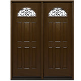 Fiberglass double front entry door with glass panels and wood grain finish, modern exterior straight-on view