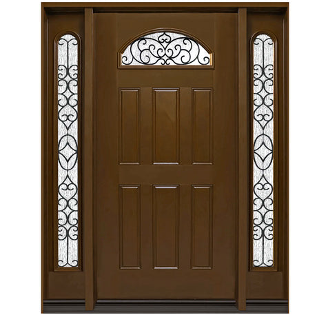 Fiberglass front entry door with two sidelights, wood-look finish, and glass panels, straight-on exterior view