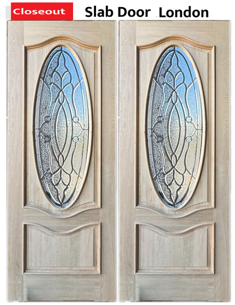 Exterior double solid wood entry doors with classic panel design, front view