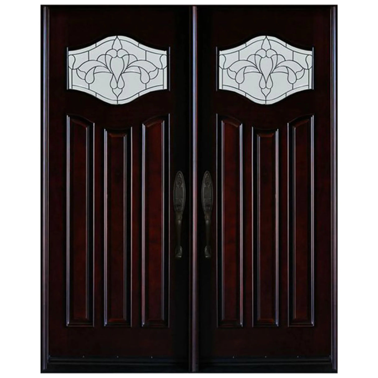 Double front entry door with decorative glass panels and Paris-style design, straight-on exterior view