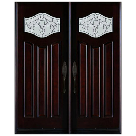 Double front entry door with decorative glass panels and Paris-style design, straight-on exterior view