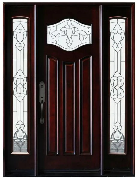 Front entry door with two sidelights and decorative glass panels, classic Paris-style design, straight-on exterior view