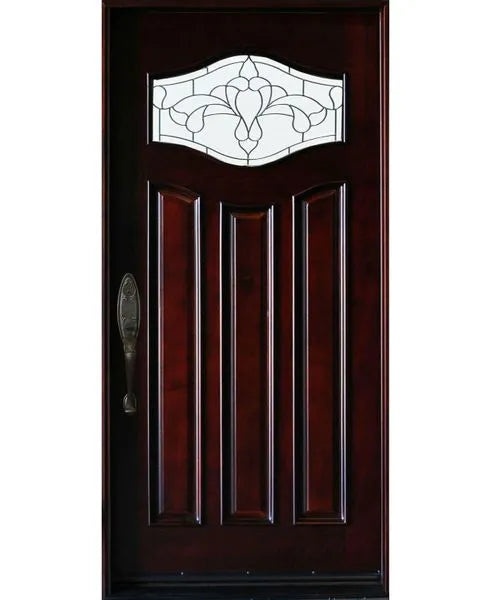 Single front entry door with decorative glass panel and elegant Paris-style design, straight-on view