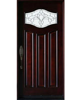Single front entry door with decorative glass panel and elegant Paris-style design, straight-on view