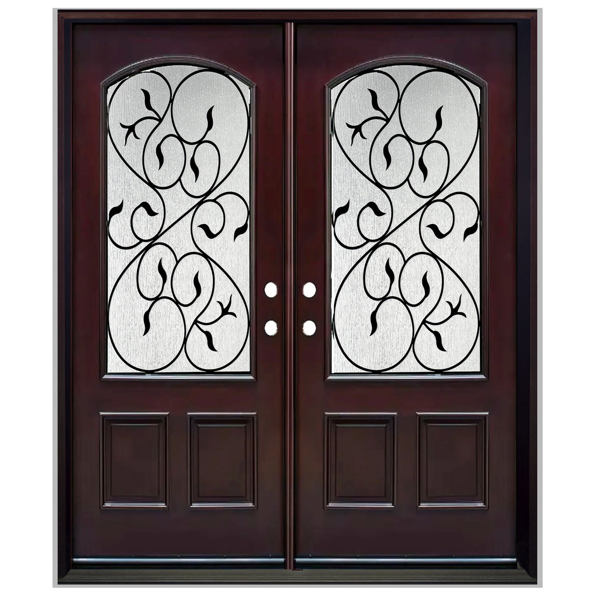 Double front entry door with decorative glass panels and classic panel design, straight-on exterior view