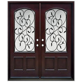 Double front entry door with decorative glass panels and classic panel design, straight-on exterior view