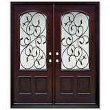 Double front entry door with decorative glass panels and classic panel design, straight-on exterior view